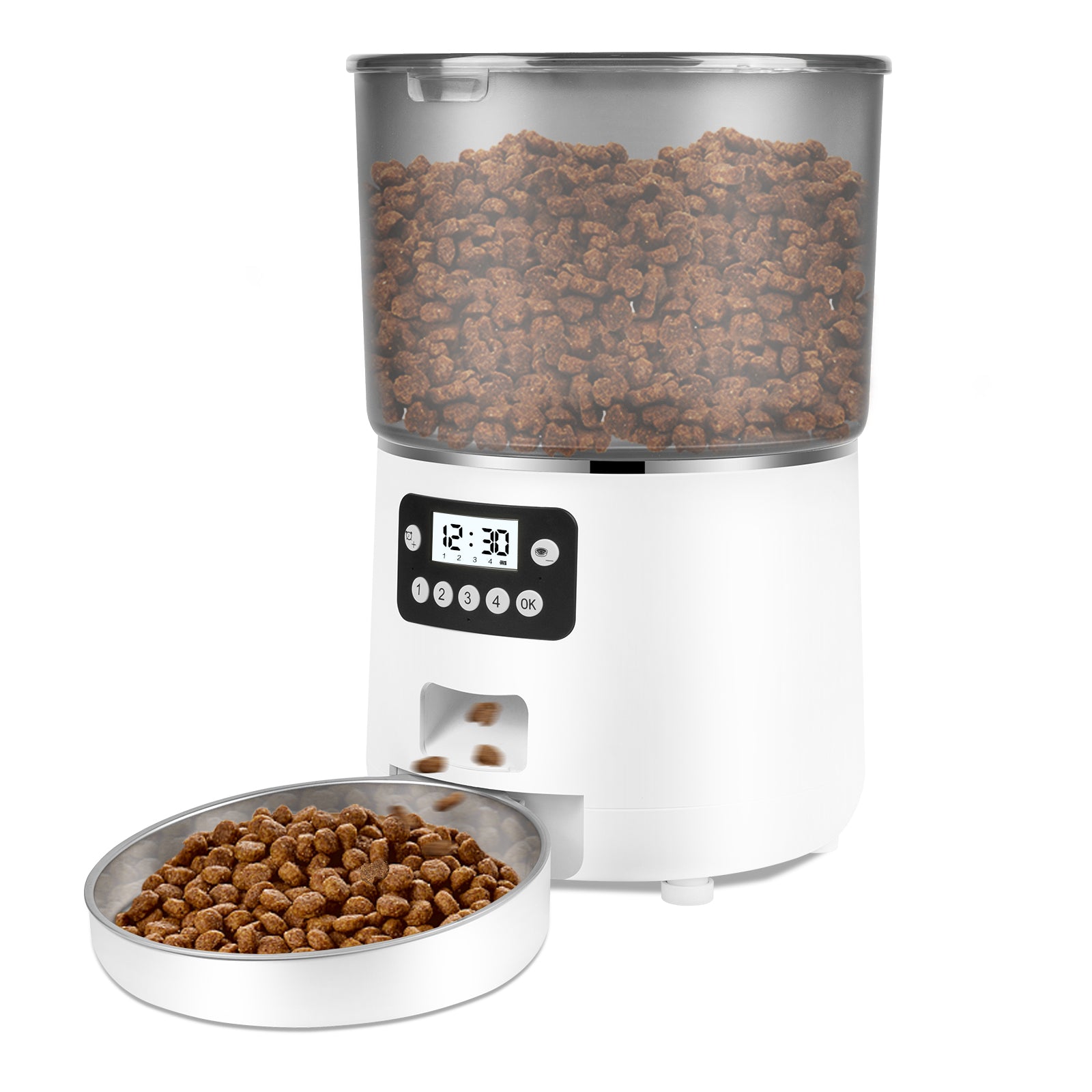 Anykuu 4L Automatic Cat Feeder Dispenser 1-6 Meals a Day Cat and Dog Food with Recording Function and Stainless Steel Bowl, USB, White
