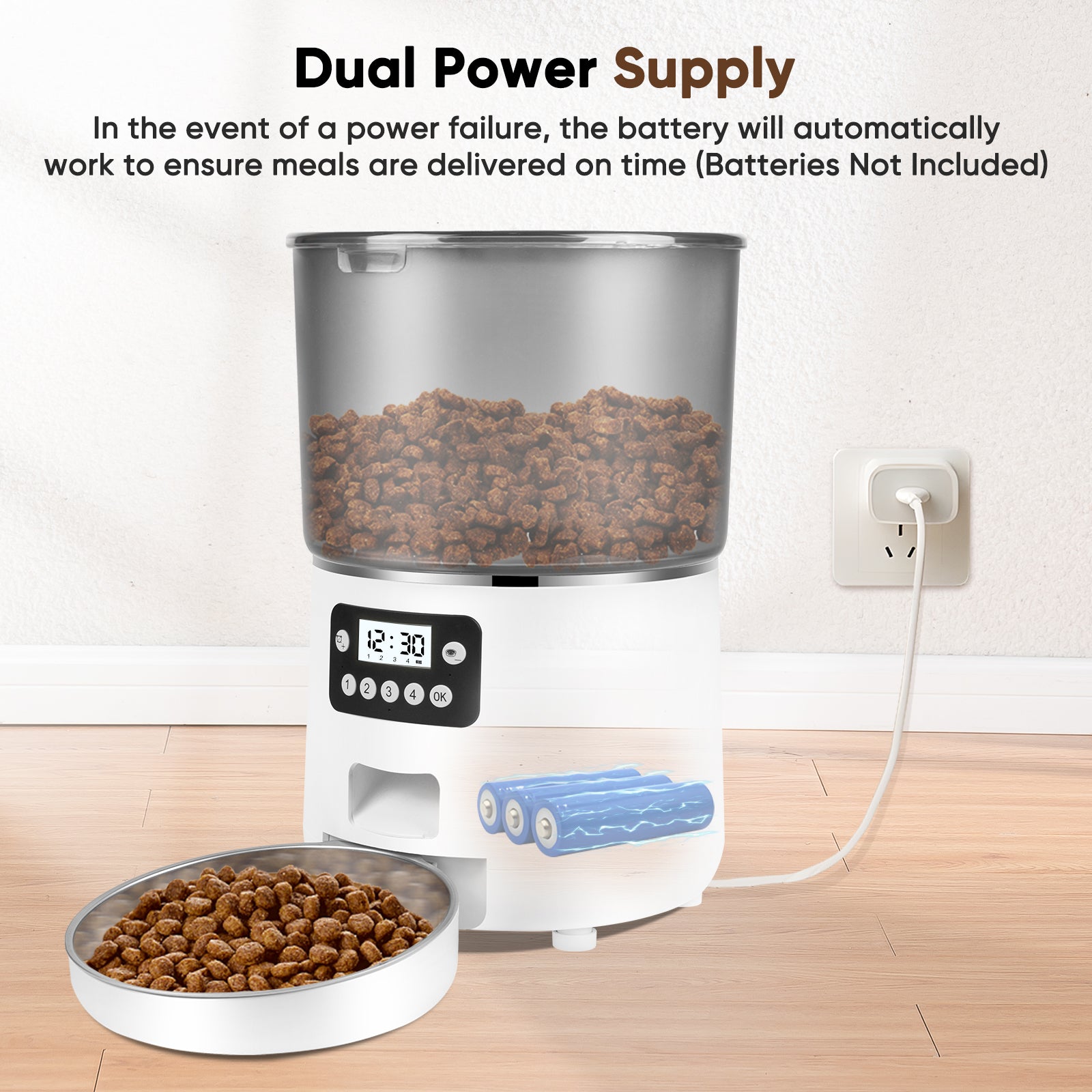 Anykuu 4L Automatic Cat Feeder Dispenser 1-6 Meals a Day Cat and Dog Food with Recording Function and Stainless Steel Bowl, USB, White