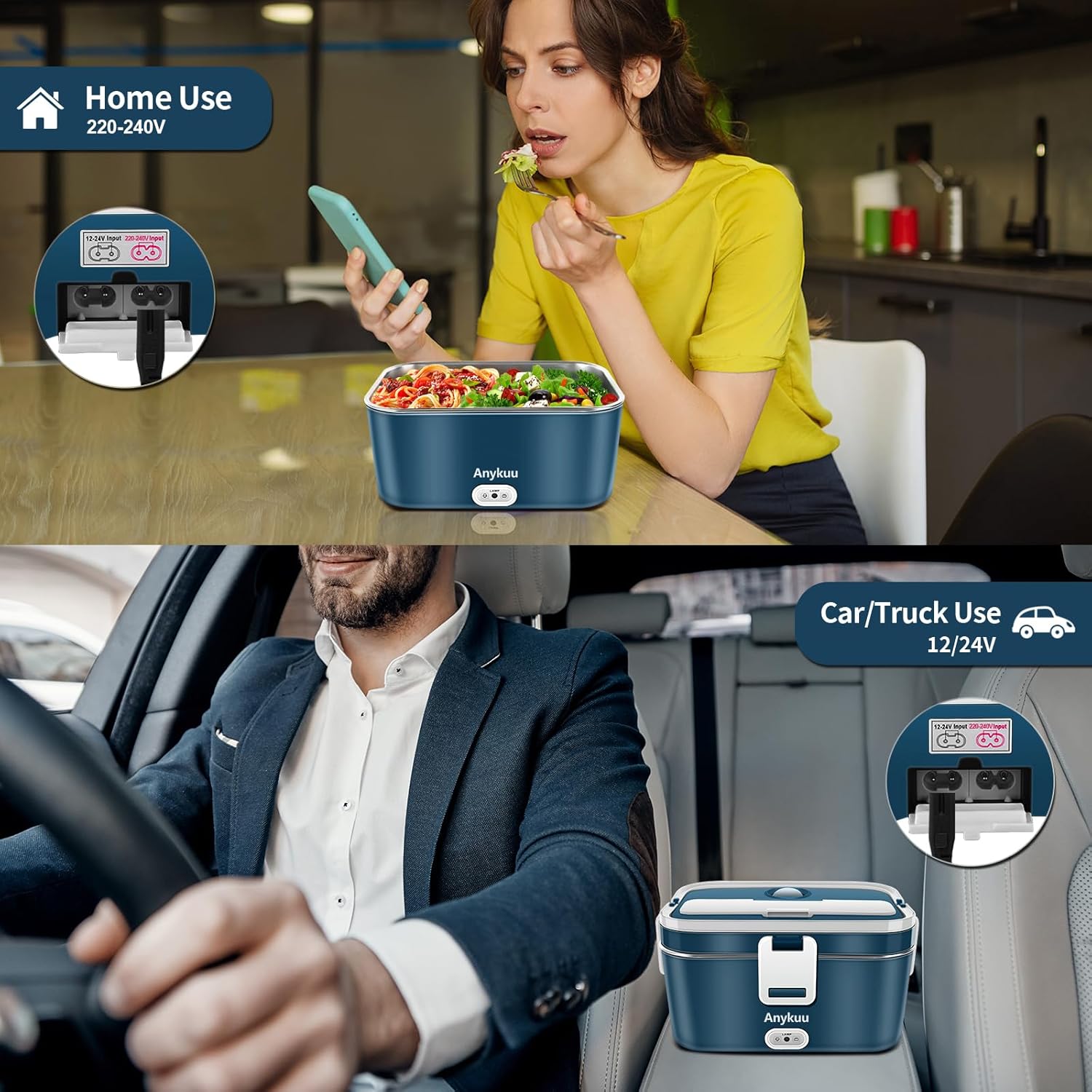 Anykuu 100W Electric Lunch Box 1.8L 3 in 1 Electric Lunch Box Portable Electric Bowl 12V/24V/220V for Car Truck and Work Thermal Lunch Box with Thermal Bag Stainless Steel Cutlery