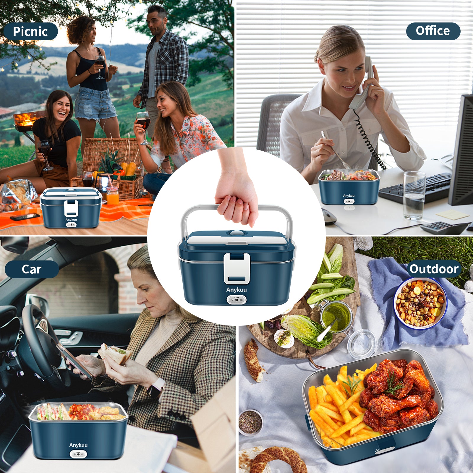 Anykuu 100W Electric Lunch Box 1.8L 3 in 1 Electric Lunch Box Portable Electric Bowl 12V/24V/220V for Car Truck and Work Thermal Lunch Box with Thermal Bag Stainless Steel Cutlery