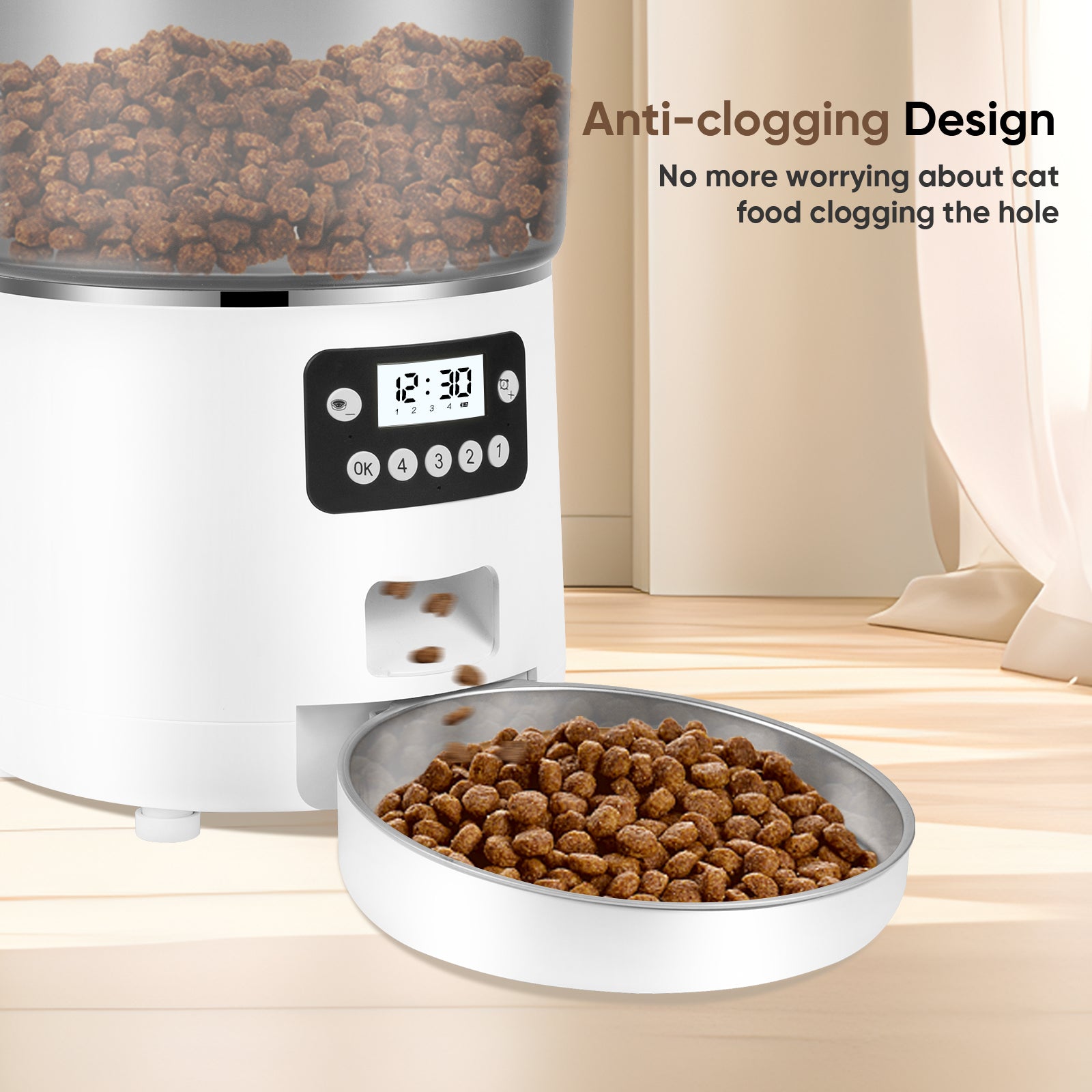 Anykuu 4L Automatic Cat Feeder Dispenser 1-6 Meals a Day Cat and Dog Food with Recording Function and Stainless Steel Bowl, USB, White