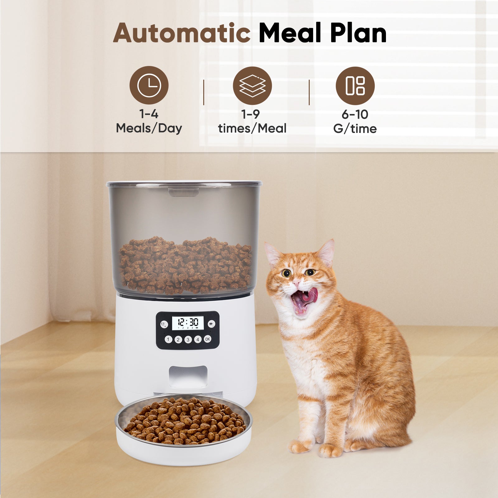 Anykuu 4L Automatic Cat Feeder Dispenser 1-6 Meals a Day Cat and Dog Food with Recording Function and Stainless Steel Bowl, USB, White