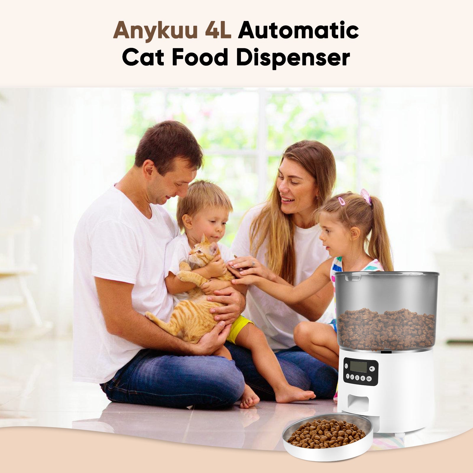 Anykuu 4L Automatic Cat Feeder Dispenser 1-6 Meals a Day Cat and Dog Food with Recording Function and Stainless Steel Bowl, USB, White