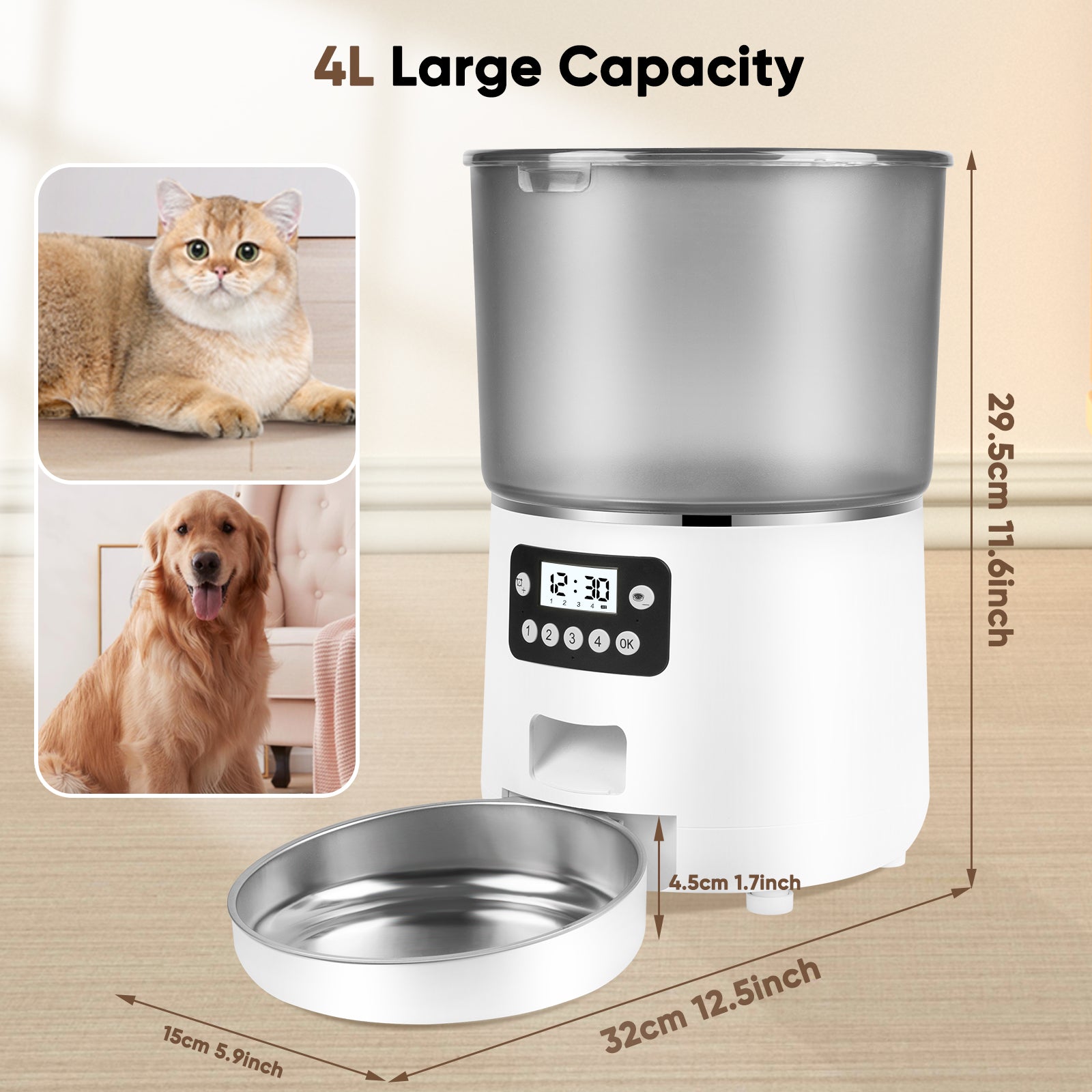Anykuu 4L Automatic Cat Feeder Dispenser 1-6 Meals a Day Cat and Dog Food with Recording Function and Stainless Steel Bowl, USB, White