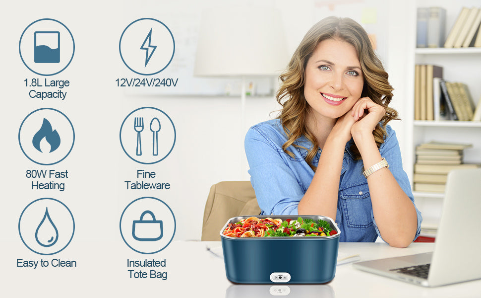 Anykuu 100W Electric Lunch Box 1.8L 3 in 1 Electric Lunch Box Portable Electric Bowl 12V/24V/220V for Car Truck and Work Thermal Lunch Box with Thermal Bag Stainless Steel Cutlery