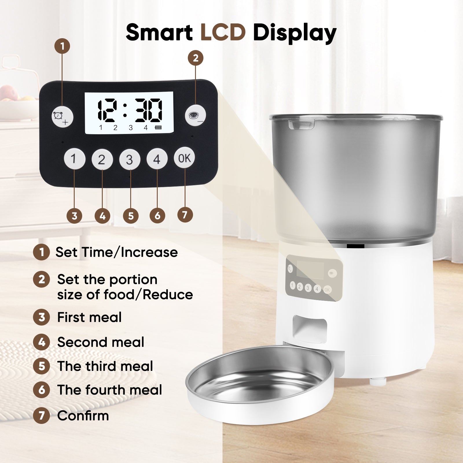 Anykuu 4L Automatic Cat Feeder Dispenser 1-6 Meals a Day Cat and Dog Food with Recording Function and Stainless Steel Bowl, USB, White