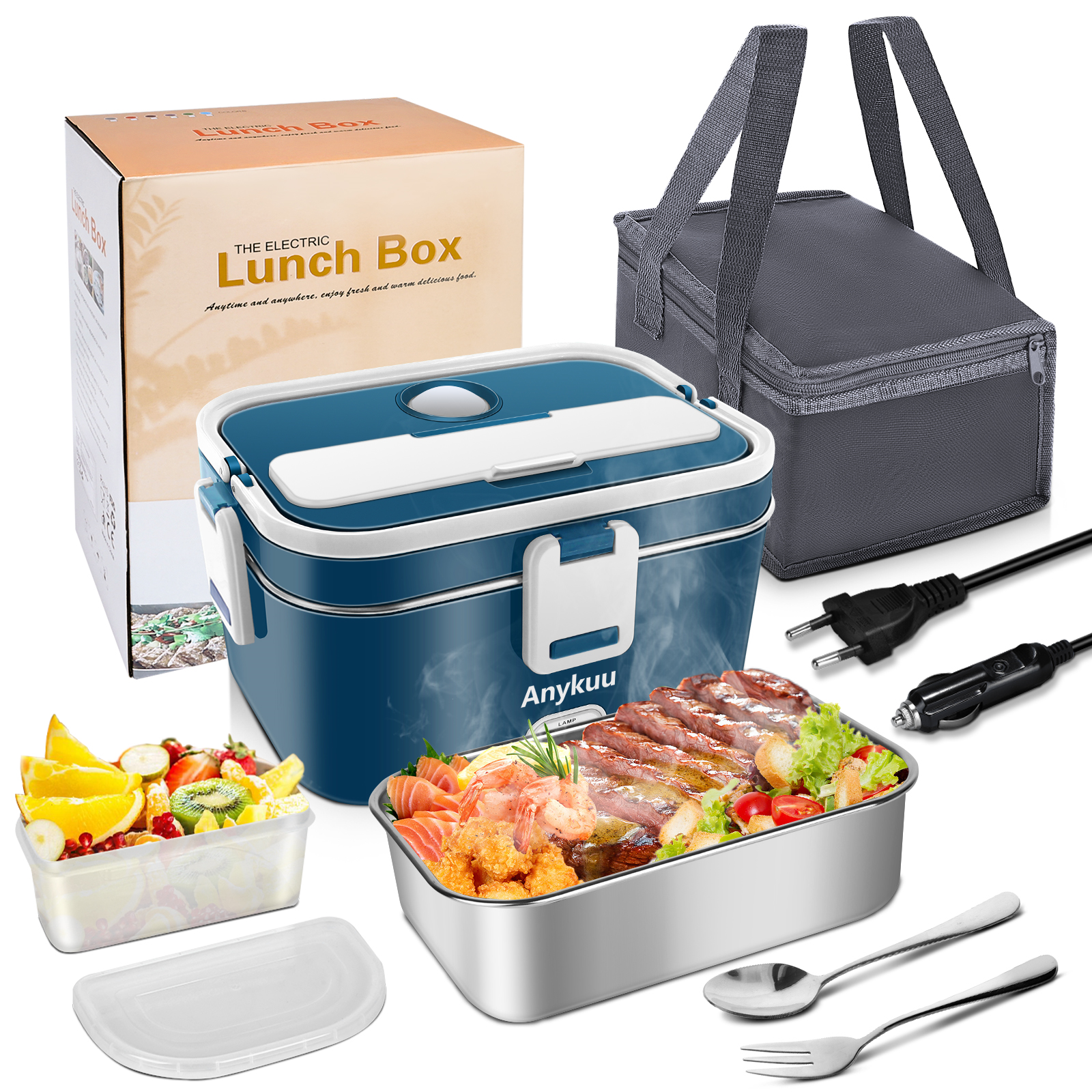 Anykuu 100W Electric Lunch Box 1.8L 3 in 1 Electric Lunch Box Portable Electric Bowl 12V/24V/220V for Car Truck and Work Thermal Lunch Box with Thermal Bag Stainless Steel Cutlery